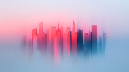 Poster - An artistic depiction of a hazy downtown skyline, captured through a reflective surface, highlighting the subtle glow from apartment windows,