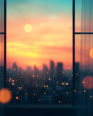 Poster - A cinematic long shot of a distant skyline, where the softly blurred horizon meets the warm, golden glow inside scattered windows,