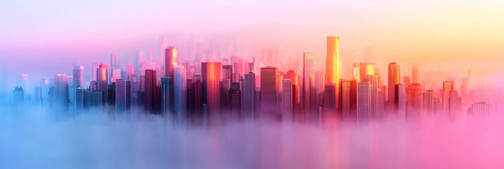 Poster - An aerial viewpoint of a city at dusk, with fading light outlining skyscrapers in a blurred fashion, and windows shining in warm, welcoming tones,
