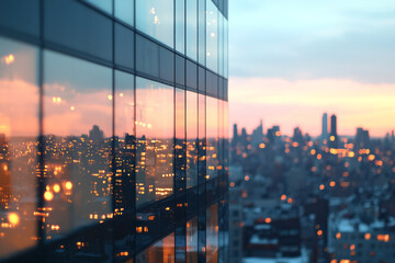 Poster - A panoramic twilight view showing blurred building edges and warm-lit windows that appear like scattered stars across the steel and glass,