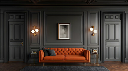 Wall Mural - Orange sofa in dark, elegant room. Interior design, home decor