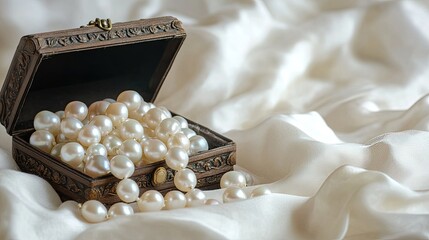 Poster - Lustrous pearls spilling out of a small, antique jewelry box onto a soft white fabric with plenty of copy space