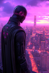 Poster - A cinematic wide shot of a sleek, chrome-plated robot standing atop a skyscraper roof, gazing at a sprawling futuristic metropolis illuminated by the orange-purple dusk sky,