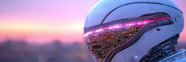 Poster - A dynamic close-up view of a humanoid robotâ€™s reflective visor capturing the glowing city lights beneath the dusky horizon,