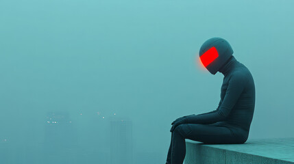 Poster - A moody photograph capturing the robotâ€™s back turned to the camera, arms folded, as it surveys the evolving metropolis under a softly glowing dusk sky,