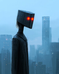 Poster - A dramatic low-angle scene where the robotâ€™s silhouette dominates the foreground, with the cityâ€™s towering high-rises fading into a warm twilight,