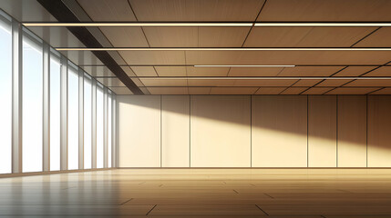 Poster - Sunlit modern office interior, wood paneling, city view