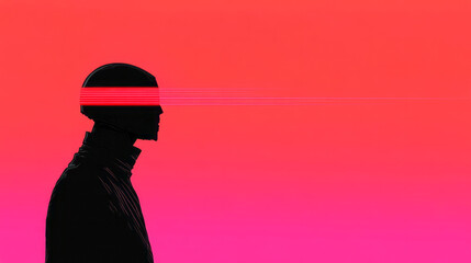 Poster - A minimalist illustration focusing on the silhouette of a robotâ€™s profile, with the glowing urban environment framed by streaks of crimson and purple sky,