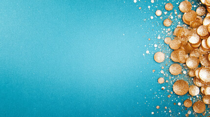 Poster - A minimalist photograph of light reflections and gleaming golden particles scattered across a rich blue background, evoking a glamorous atmosphere,