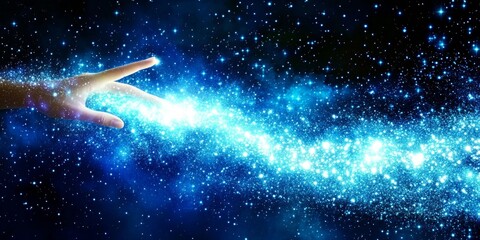 Wall Mural - human hand reaching out to touch a swirling stream of glowing stars and light in space