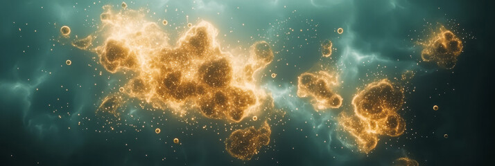 Poster - A cinematic overhead shot of glitter flecks in vibrant gold suspended in front of a hazy, deep blue texture, emphasizing glowing bokeh orbs,