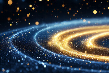 Aufkleber - A radiant abstract illustration with shimmering gold sparkles drifting across a sapphire-blue canvas, creating a hypnotic bokeh swirl,