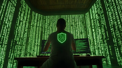 Poster - Woman coding, digital shield, green matrix background, cybersecurity