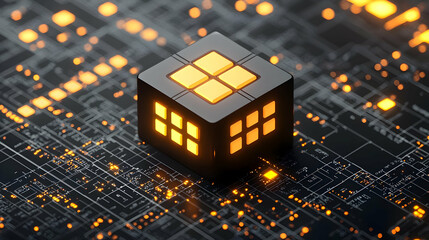 Poster - Illuminated data cube on circuit board