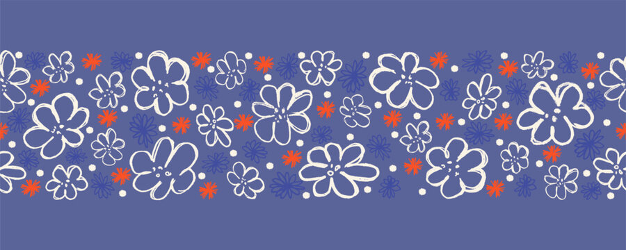 Floral seamless horizontal pattern. Modern bossom print with hand drawn spring flowers