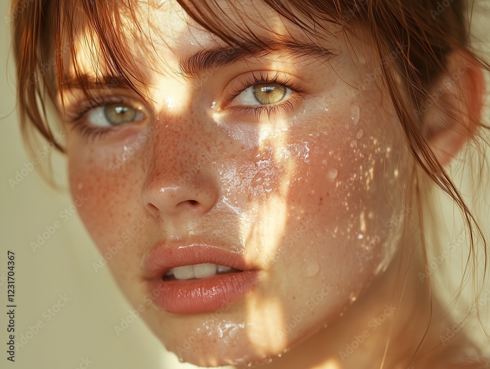 Close-up photo of a beautiful young woman with freckles, water droplets ...