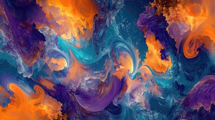 Fototapete - Vibrant and colorful abstract waves in blue, orange, and purple hues, creating a striking pattern for innovative branding or artistic content
