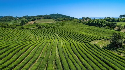 Canvas Print - Vibrant green tea plantations with rows curving along the hillside, under clear skies