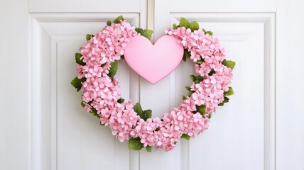 Wall Mural - A pink floral wreath shaped like a heart, adorned with green leaves, hanging on a white door, perfect for home decor and festive occasions.