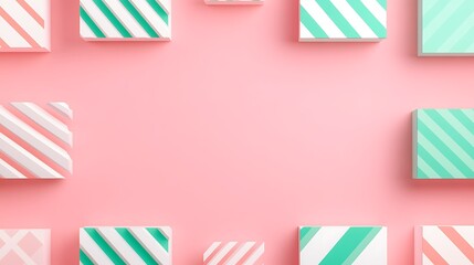 Poster - Colorful gift boxes with striped patterns arranged on a pink background for celebration and decoration