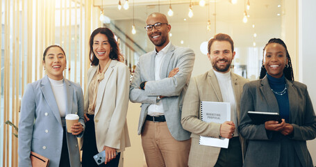 Poster - Portrait, confident and group in office, happy and collaboration for law firm, attorney and corporate. Business, proud and teamwork for case, lawyer and legal documents for trial, people and smile
