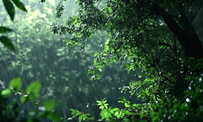 Wall Mural - a green rainy rainforest with tree branches and leaves, cold weather season, raining scene