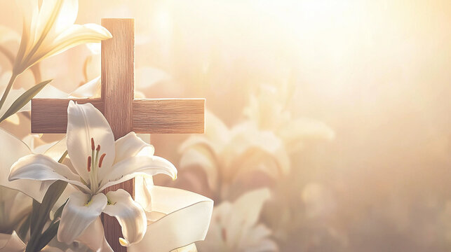 an elegant illustration of a wooden cross with white lilies and soft ribbons. the gradient backgroun