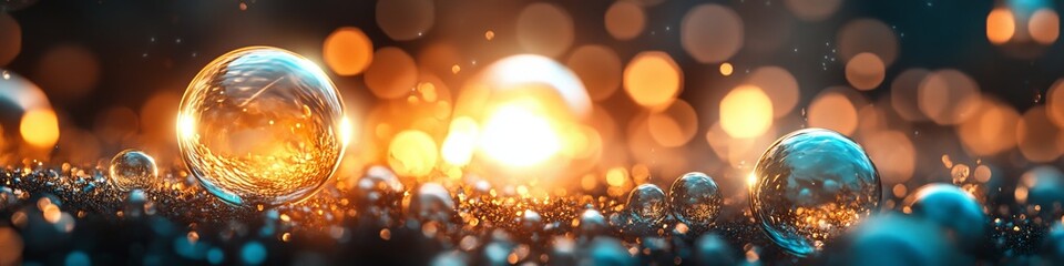 Wall Mural - golden light and bokeh background with abstract glowing, sparkling particles, and defocused circles