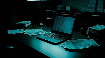 Poster - Late-night stock market analysis at desk