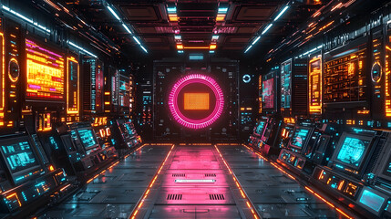Poster - Futuristic control room, vibrant displays, glowing corridor
