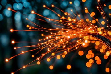 Poster - Glowing fiber optics burst, dark background