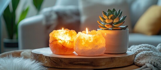 Canvas Print - Cozy living room scene with glowing orange salt candles and a green succulent plant on a wooden tray, complemented by a soft blanket and plush texture.