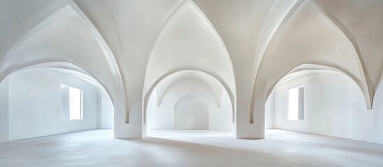 Canvas Print - Spacious empty room with three triangular vaults in soft white tones, featuring ample natural light from windows enhancing architectural elegance.