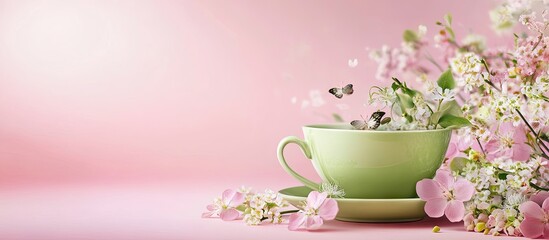 Sticker - Spring flowers in a matcha green tea cup with delicate white and pink blooms on a soft pink background evokes a fresh spring ambiance.