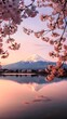 © pinan - A perfect mirror image of Mount Fuji on a still lake, cherry blossoms framing the scene.