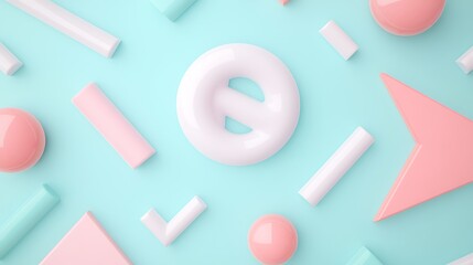 Poster - playful 3d shapes and objects in soft pastel colors on a light blue background