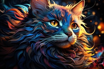  Colorful cat portrait, fantasy art, glowing background, pet design