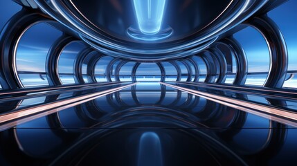 Futuristic spaceship corridor, blue neon lights, cloudscape view, reflective floor, sci-fi design