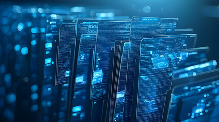 Poster - Digital data files, futuristic server room, glowing code