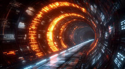 Poster - Futuristic tunnel, glowing orange light, digital code. Sci-fi background