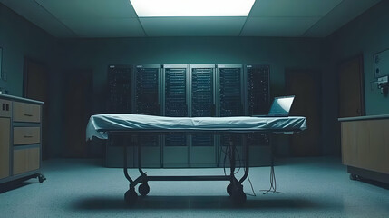 Poster - Laptop on gurney in server room; data breach