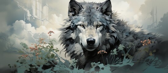  Majestic wolf in misty mountain meadow, ruins background, fantasy art