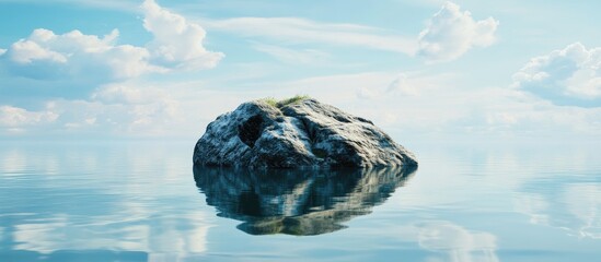 Wall Mural - Serene rock island reflection in calm azure waters under soft clouds creating a dreamy horizon landscape perfect for nature photography.