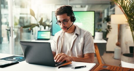 Leinwandbilder - Man, headset and laptop in call center for customer service, assistance and contact in agency. IT guy, tech support and computer in office for help, problem solving and telecommunication for advice