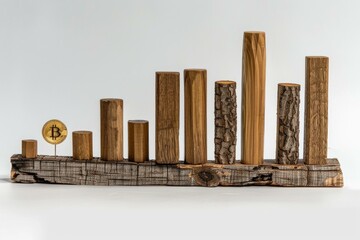 Poster - Golden bitcoin standing on increasing height graph made of wooden blocks