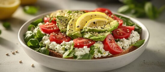 Wall Mural - Healthy avocado toast topped with fresh tomatoes, spinach, lemon slices, and black pepper in a round white bowl on a light background.