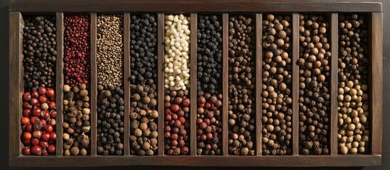 Wall Mural - Diverse peppercorn arrangement in wooden study board showcasing varied sizes and colors with rich reds, blacks, and whites in organized sections.