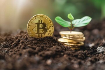 Poster - Golden bitcoin and young plant growing on a pile of coins in soil symbolizing long term investment and wealth