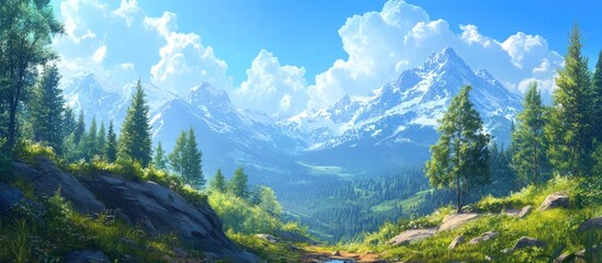 Wall Mural - Serene mountain landscape with vibrant green trees in foreground, majestic snow-capped peaks and bright blue sky with fluffy white clouds in background