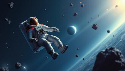 astronaut floating in space amidst asteroids and distant planet